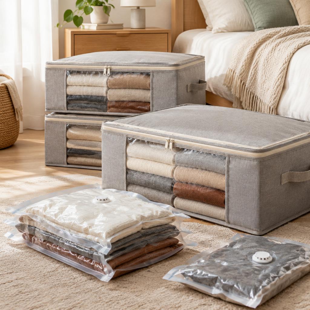 Vacuum Storage Bags (10-Pack with Hand Pump) styled in a small home